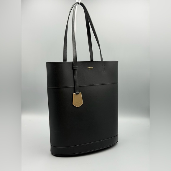 Salvatore Ferragamo Handbags - Ferragamo Black Leather Tote with Gold Tag and Pouch